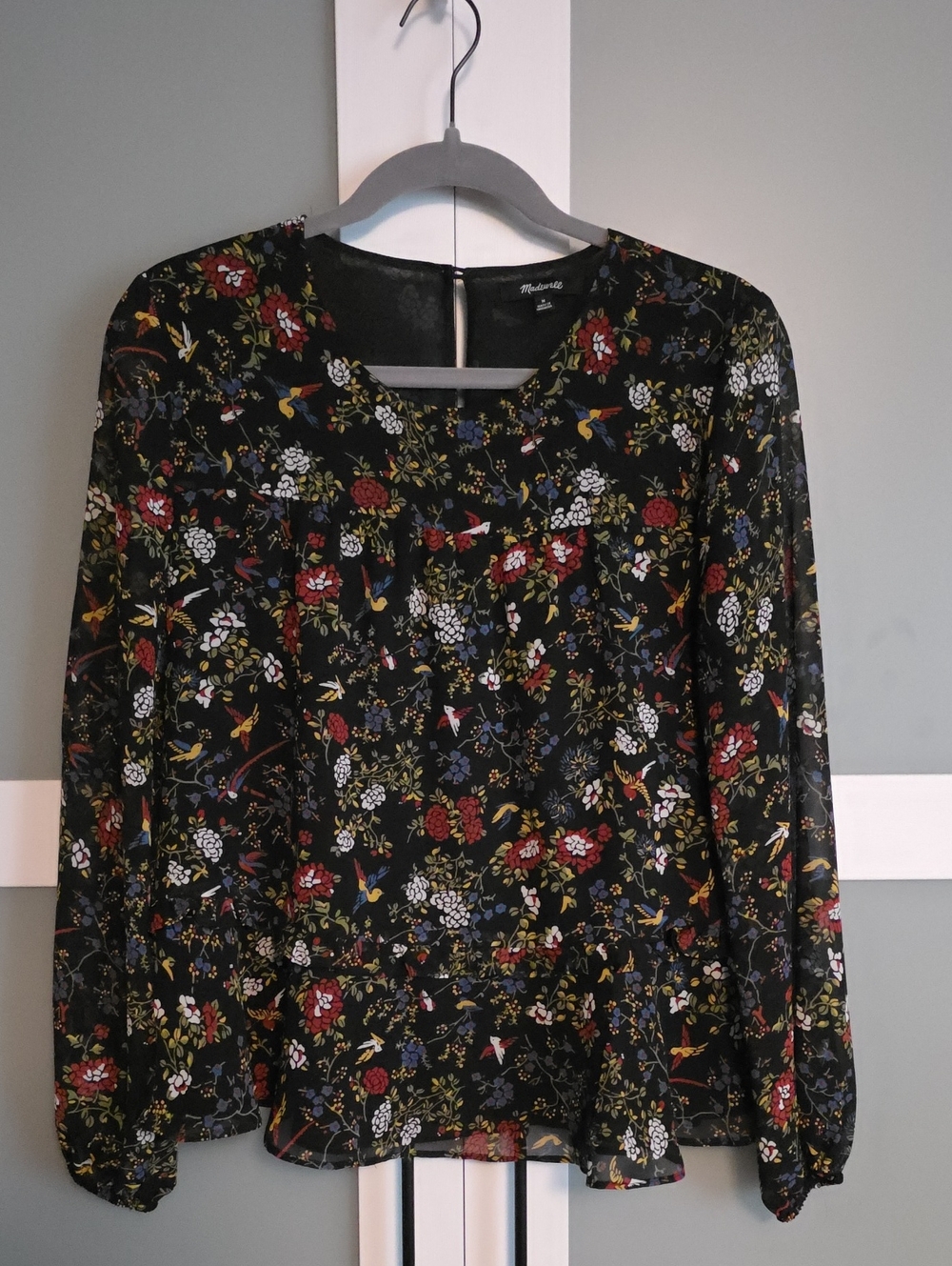Madewell Black Blouse with Red and Blue Floral Print